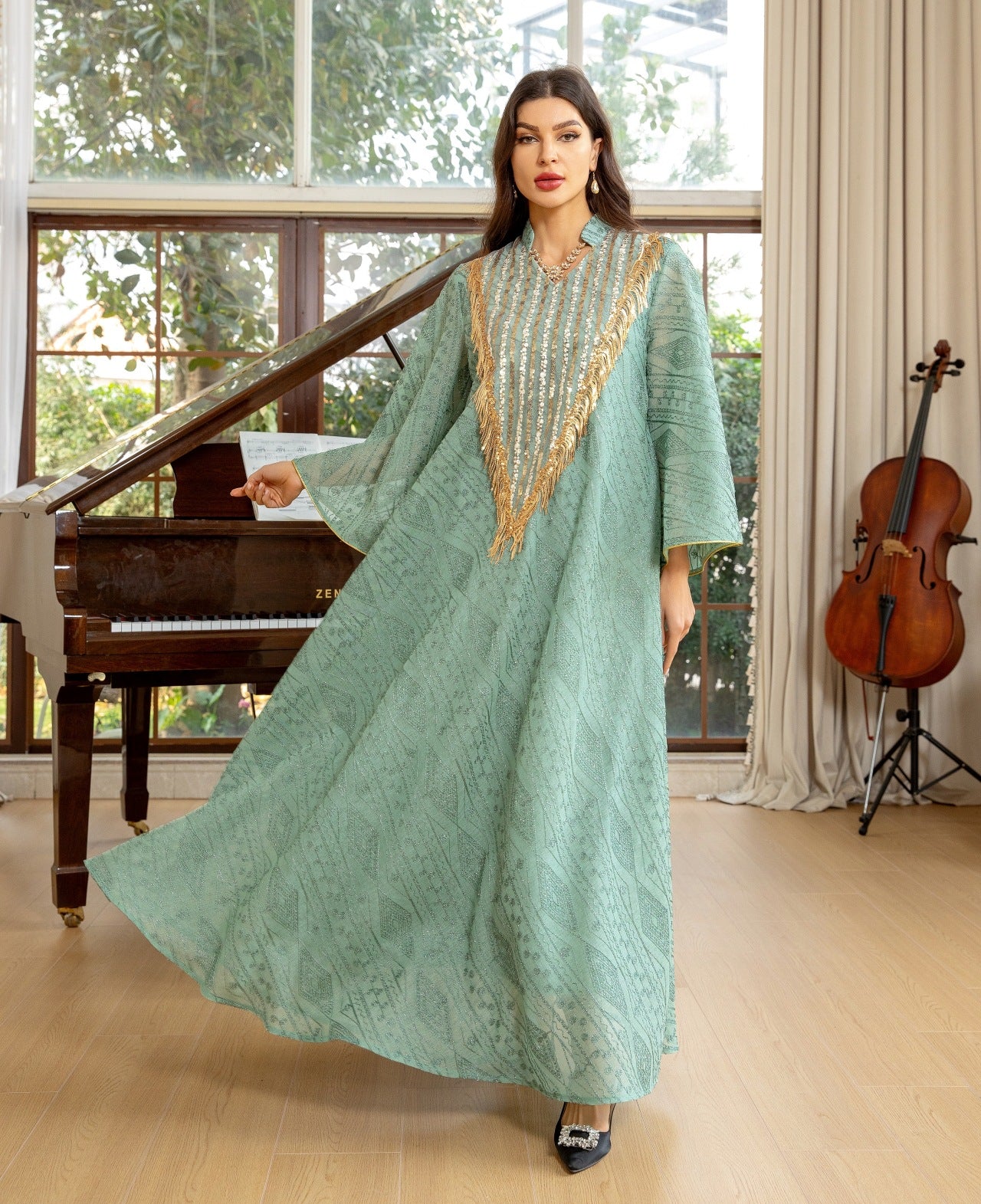 Women's Mesh Embroidered Sequin Jalabiya Dress