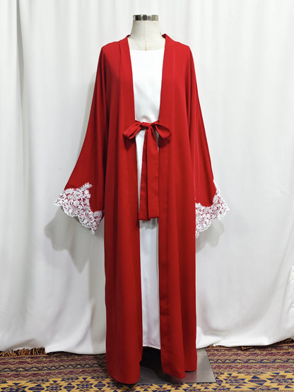 Lace Applique Abaya Cardigan and Slip Dress Two-Piece Set