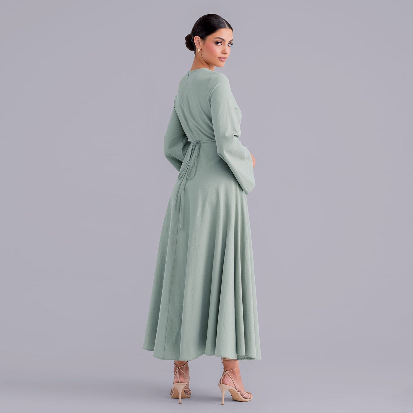 Belted Bamboo Linen Dubai Modest Solid Maxi Day Dress