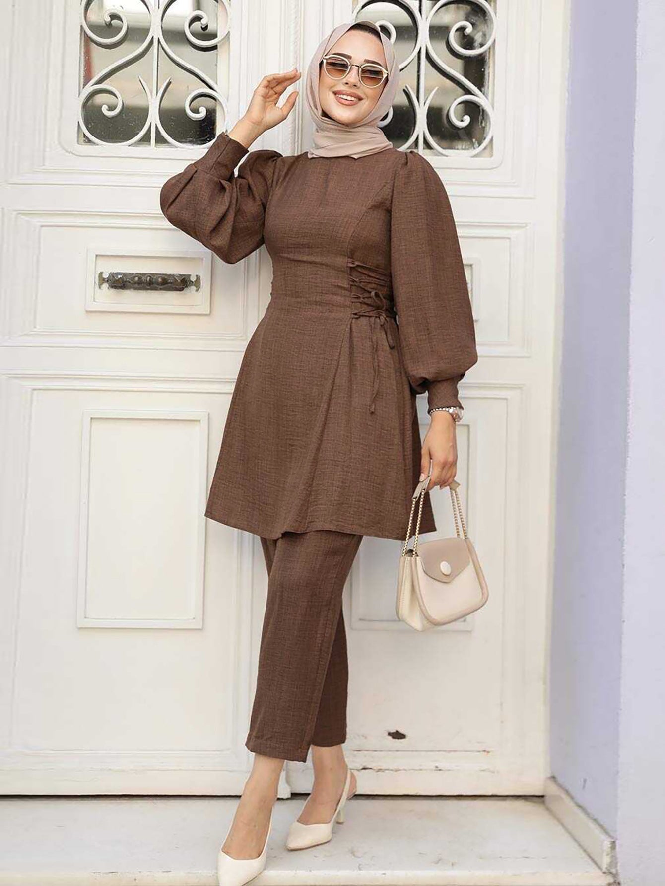 Women's Lace-up Balloon Sleeve Casual Suit