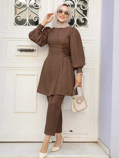 Women's Lace-up Balloon Sleeve Casual Suit