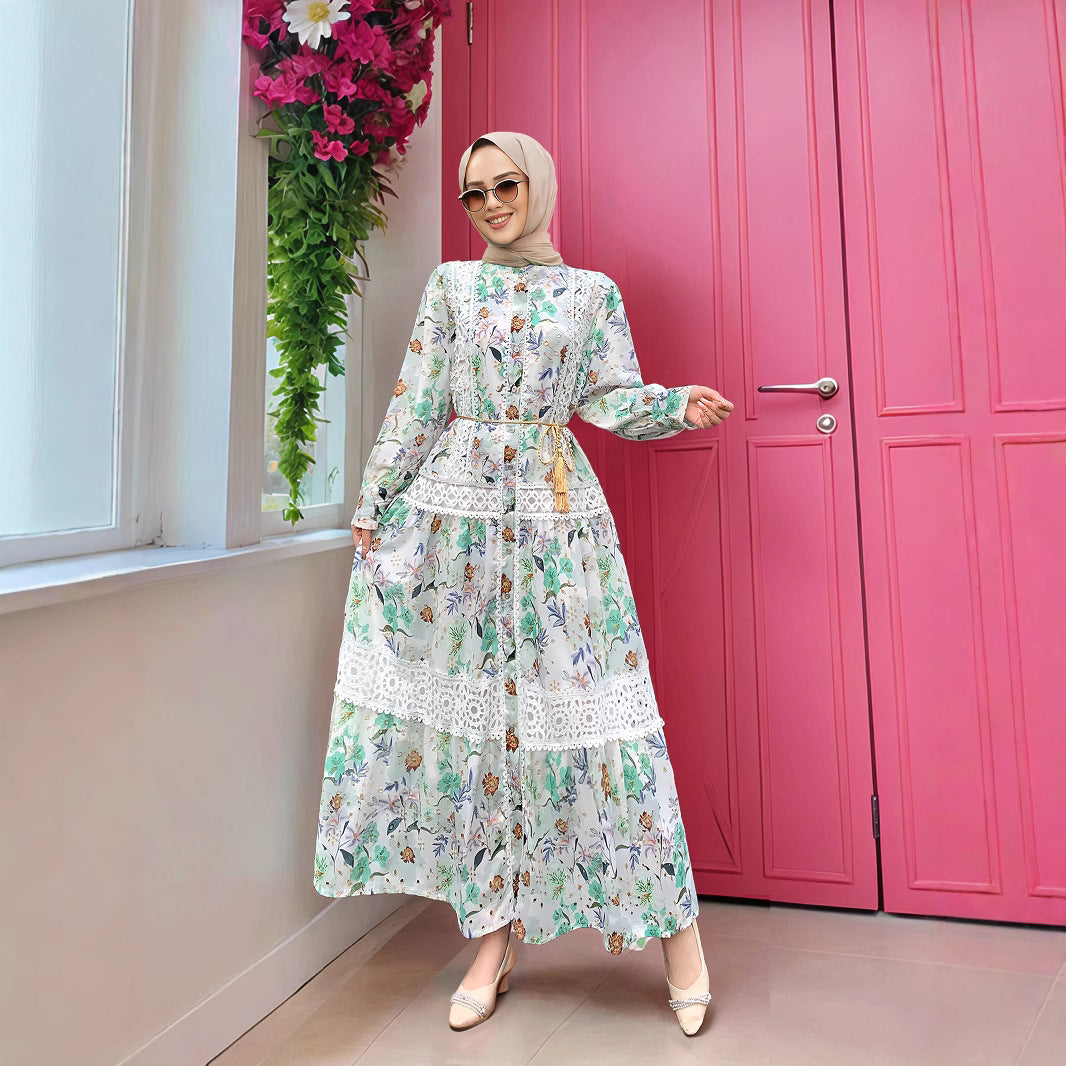 Embroidered Floral Modest Muslim Lantern Sleeve Maxi Dress