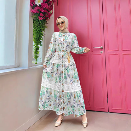 Embroidered Floral Modest Muslim Lantern Sleeve Maxi Dress