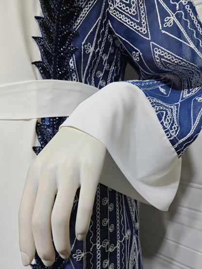 Colorblock Mesh Embroidered Beaded Muslim Dress