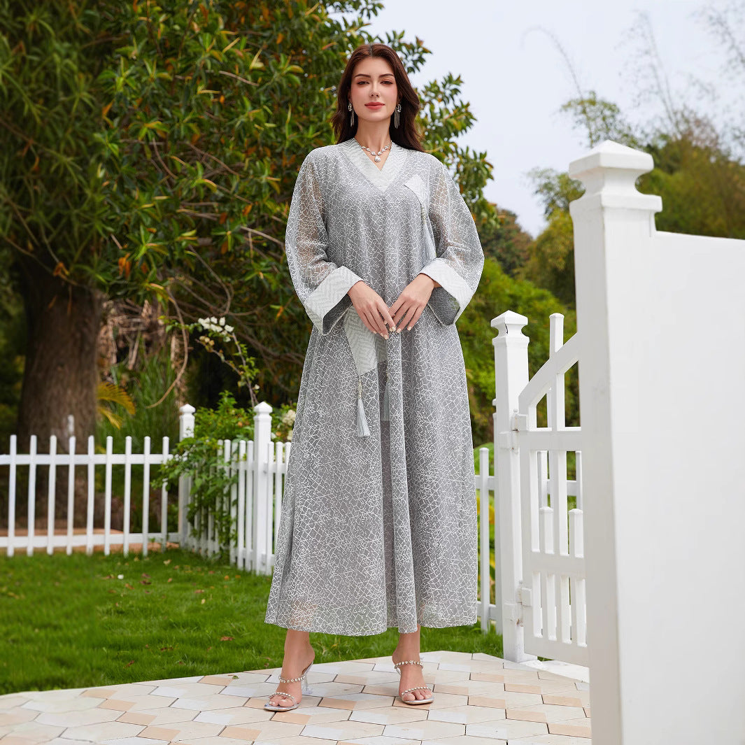 Sheer Mesh Tie-Front Open Muslim Abaya