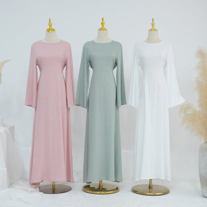 Belted Bamboo Linen Dubai Modest Solid Maxi Day Dress