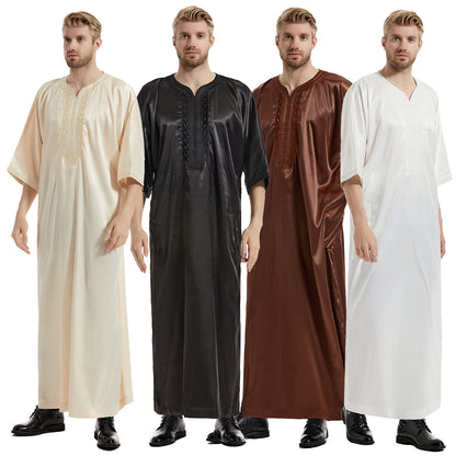 Men's Satin Mid-sleeved Embroidered Robe