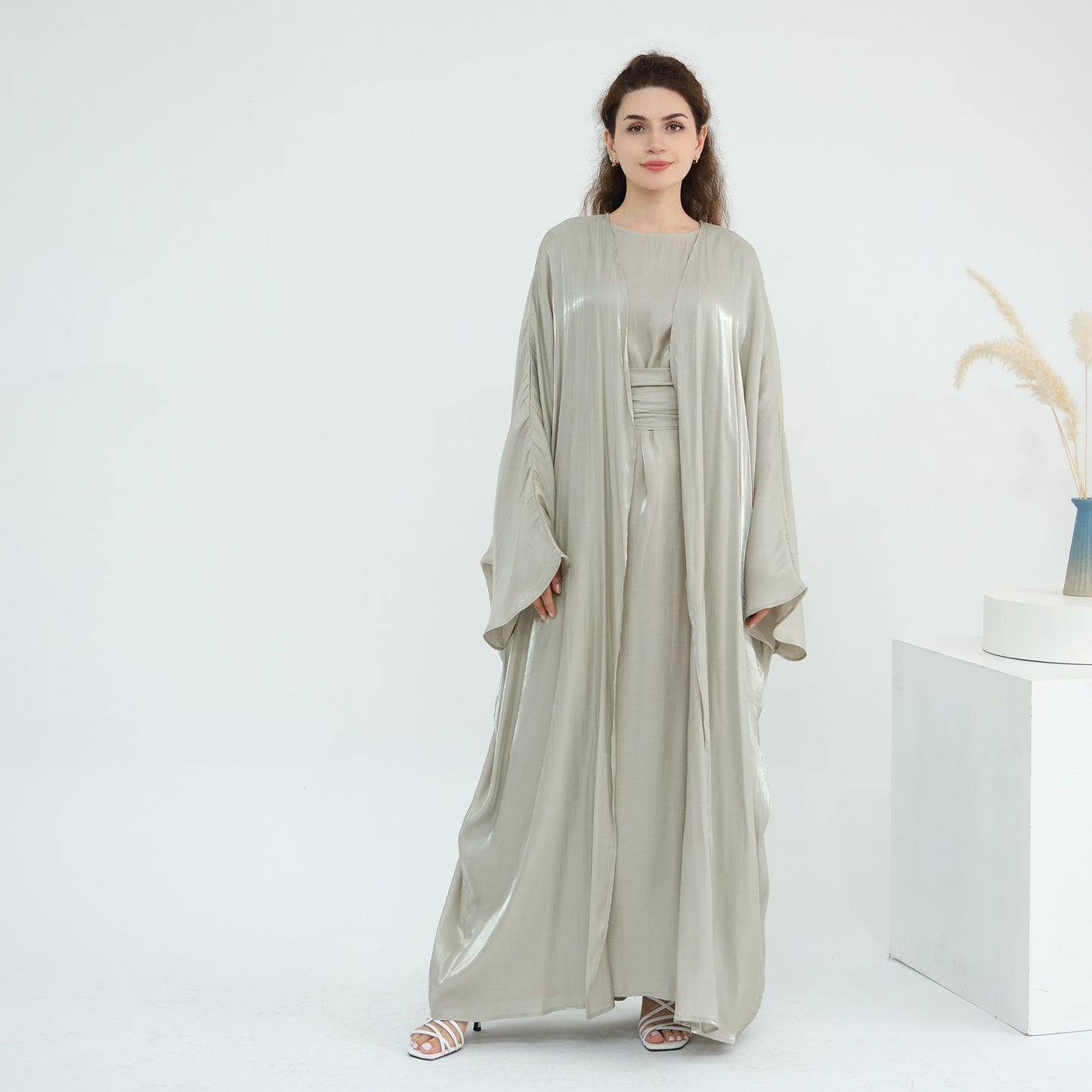 Elegant Solid Color Two Piece Abaya Set with Inner Dress