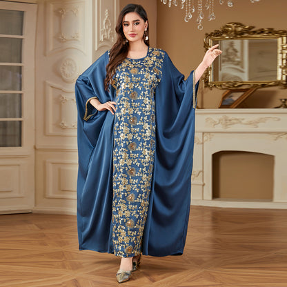 Dolman-sleeved Waist-cinching Loose Embroidered Dress