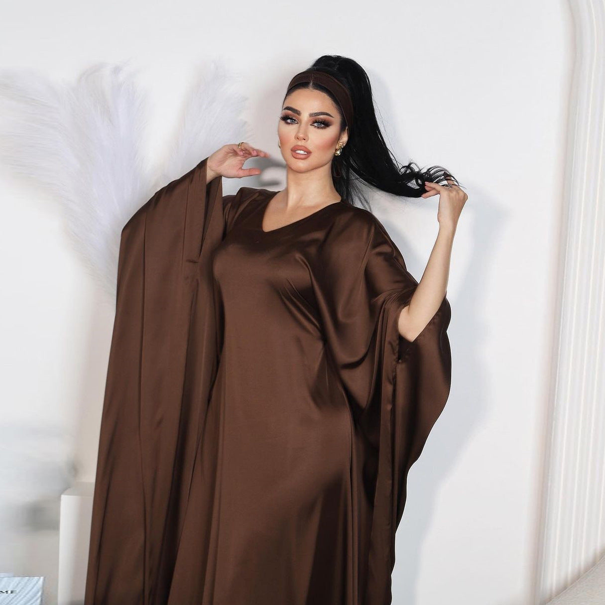 Women's Pullover Waist-cinching Modest Coffee Dress