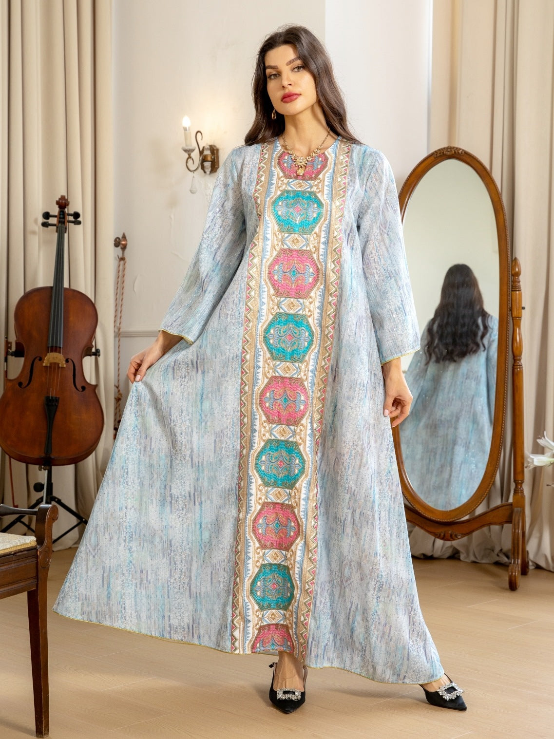 Women's Printed Beaded Embroidered Pullover Dress