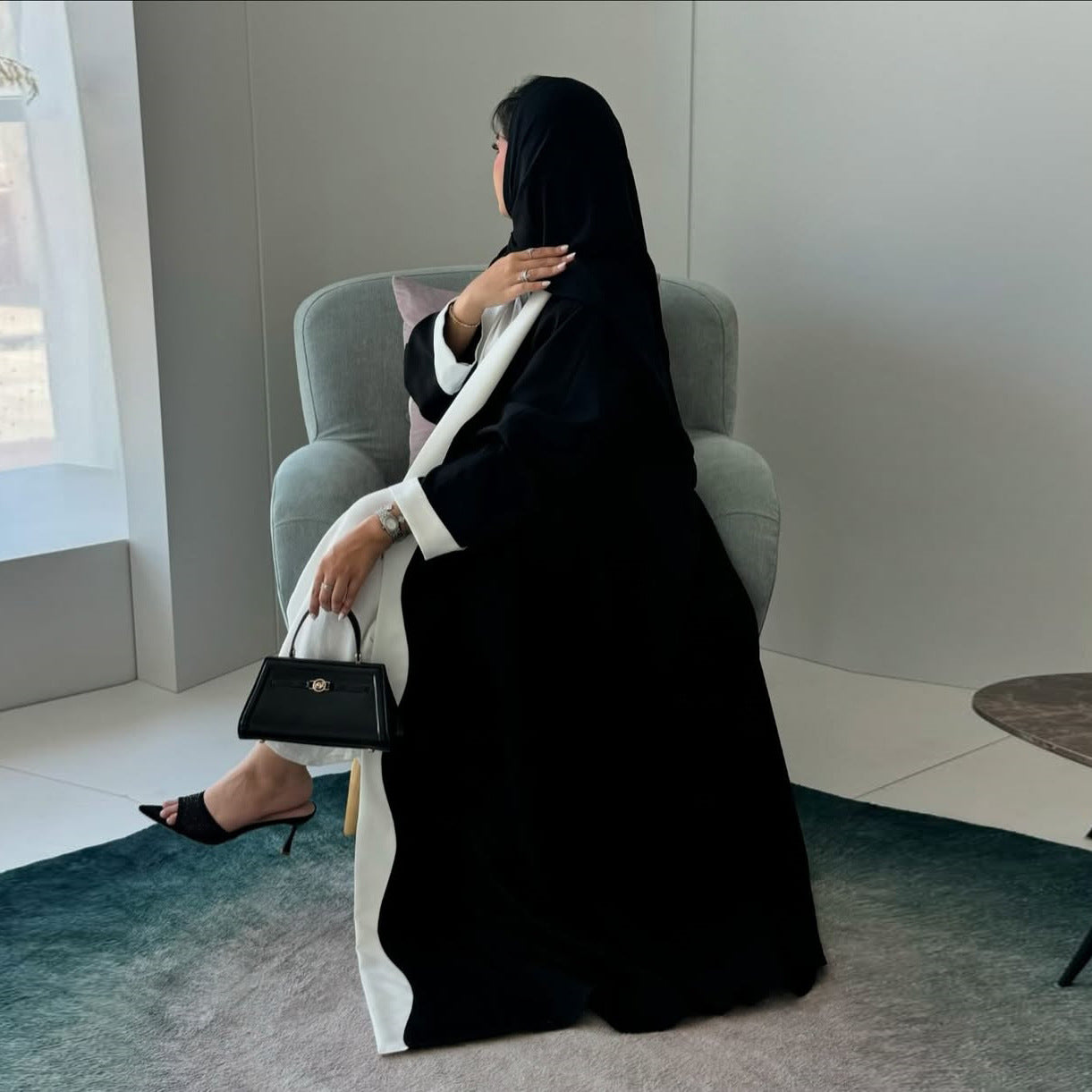 Black and White Contrast Abaya Open Front Long Robe for Women