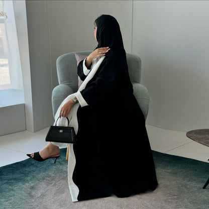 Black and White Contrast Abaya Open Front Long Robe for Women
