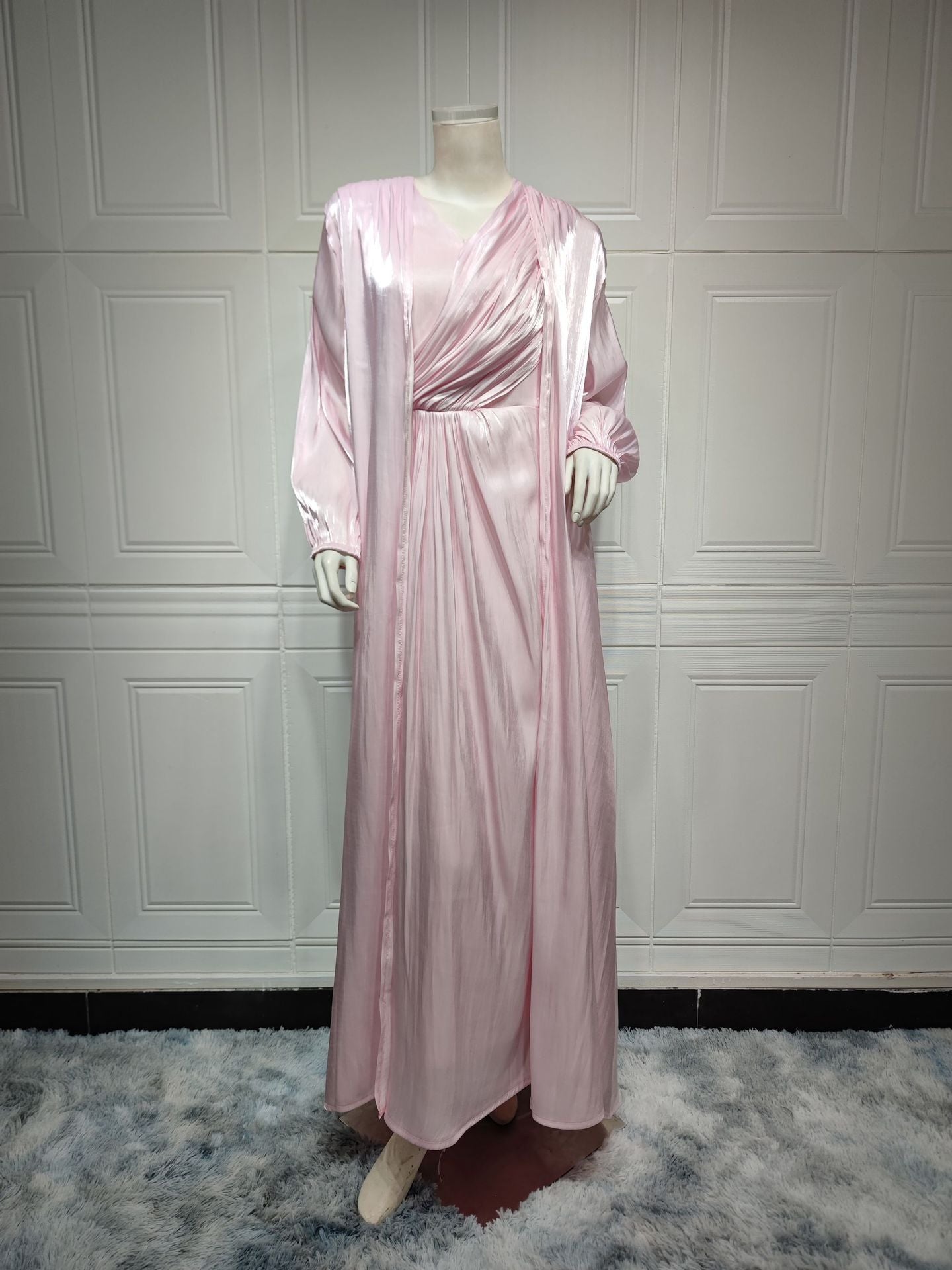 Women Plain Bright Silk Dress Two Piece Sets