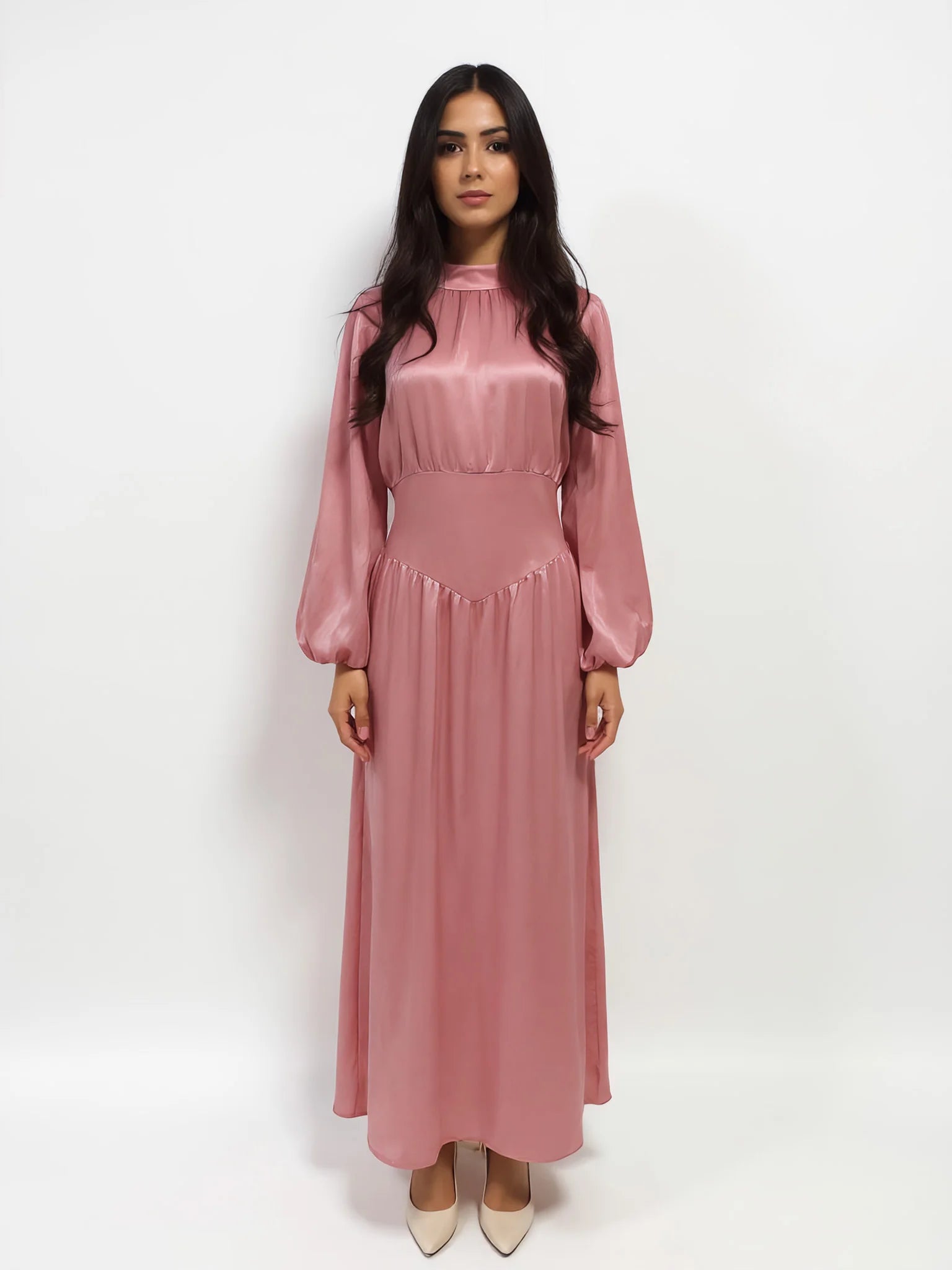 lantern sleeve satin dress Modelyn Lantern Sleeve Belted Satin Dress