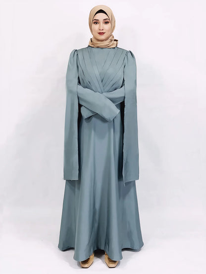 Luxury Satin Cape Sleeve Pleated Abaya Dress