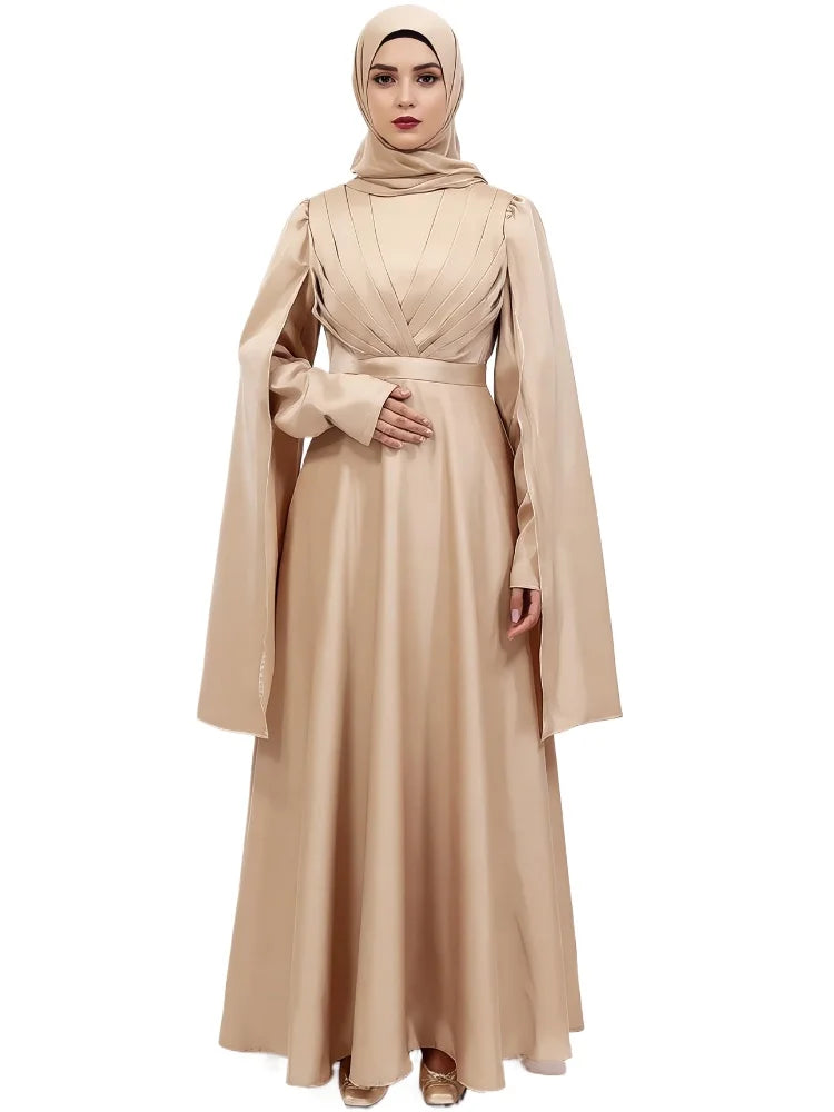 Luxury Satin Cape Sleeve Pleated Abaya Dress