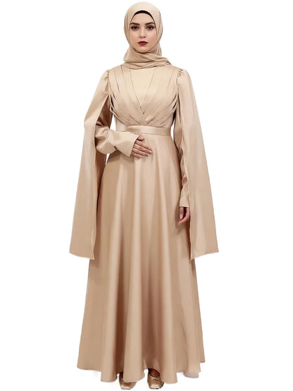 Luxury Satin Cape Sleeve Pleated Abaya Dress