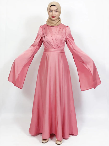 Luxury Satin Cape Sleeve Pleated Abaya Dress