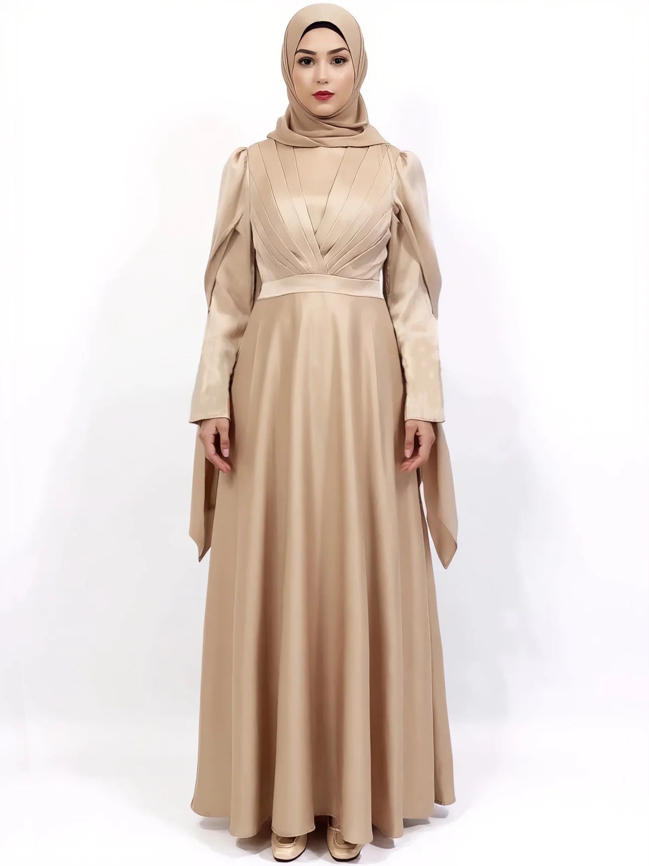 Luxury Satin Cape Sleeve Pleated Abaya Dress