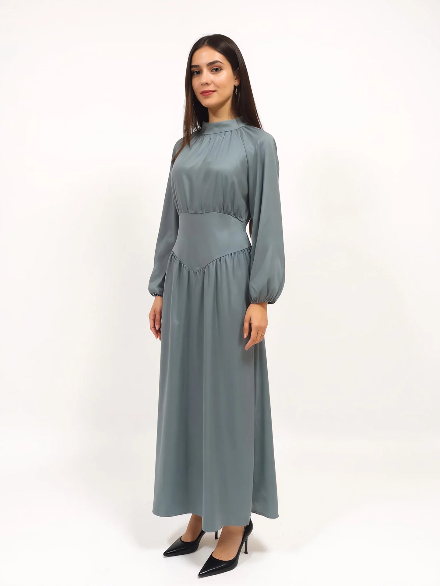 Satin Lantern Sleeve Abaya Kaftan Muslim Maxi Dress