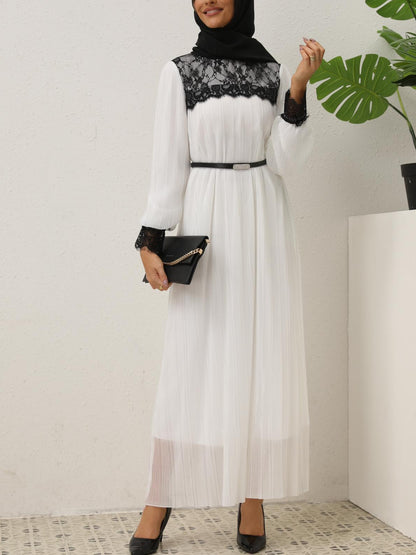 Women's Lace Pleated White Dress (With Belt)