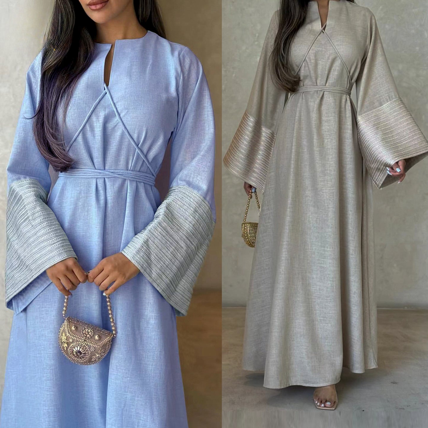 Modest V-neck Embroidery Elegant Abaya Dress