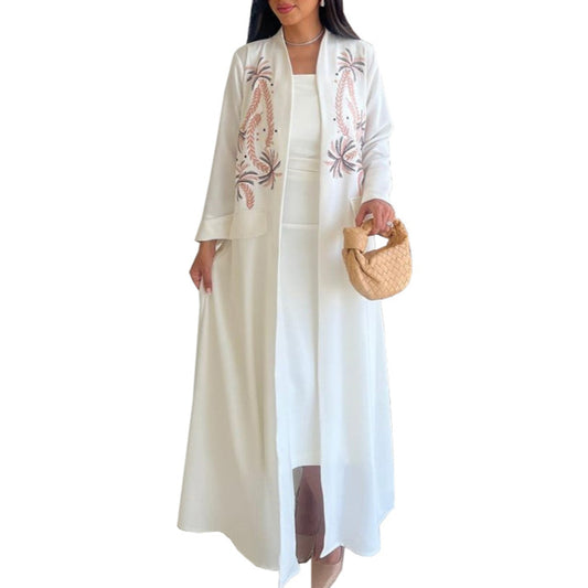 Women's White Embroidered Robe Open Abaya
