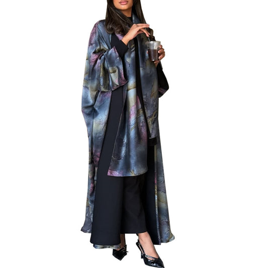 Modest Summer Fashion Satin Print Robe with Headscarf