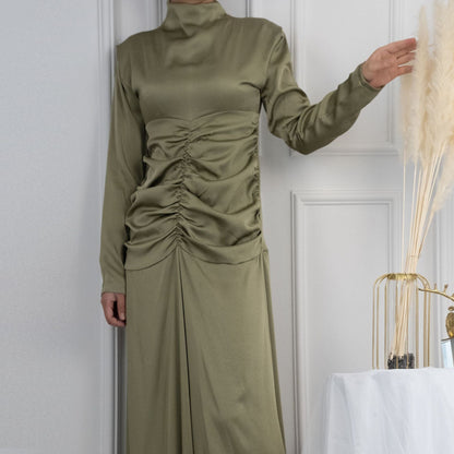 Plain High Neck Pleated Abaya Dress