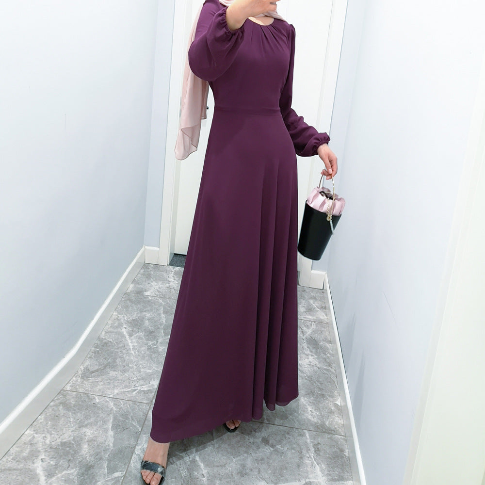 Long Sleeve Crew Neck Chiffon Dress