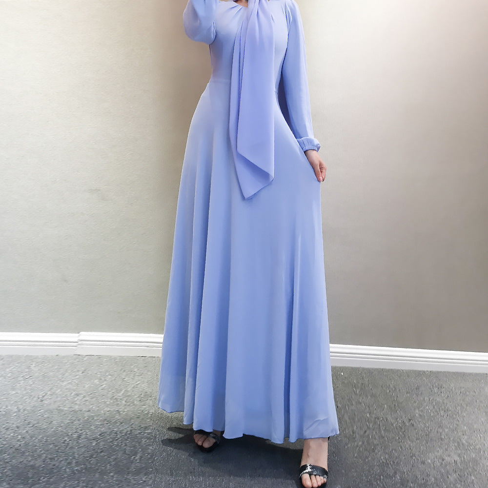Long Sleeve Crew Neck Chiffon Dress