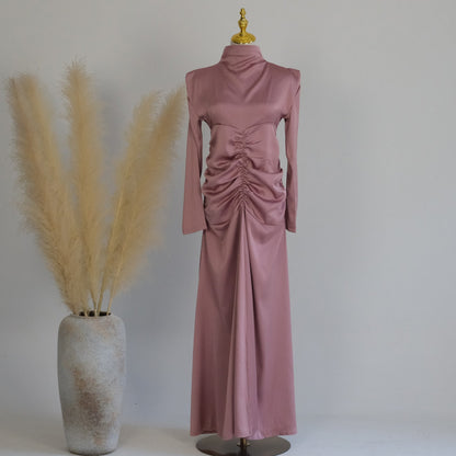 Plain High Neck Pleated Abaya Dress