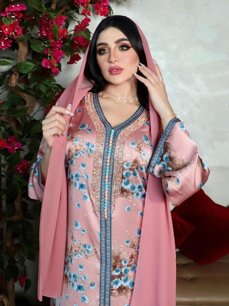 Women's Pink Hot Diamond Print Dress Jalabiya